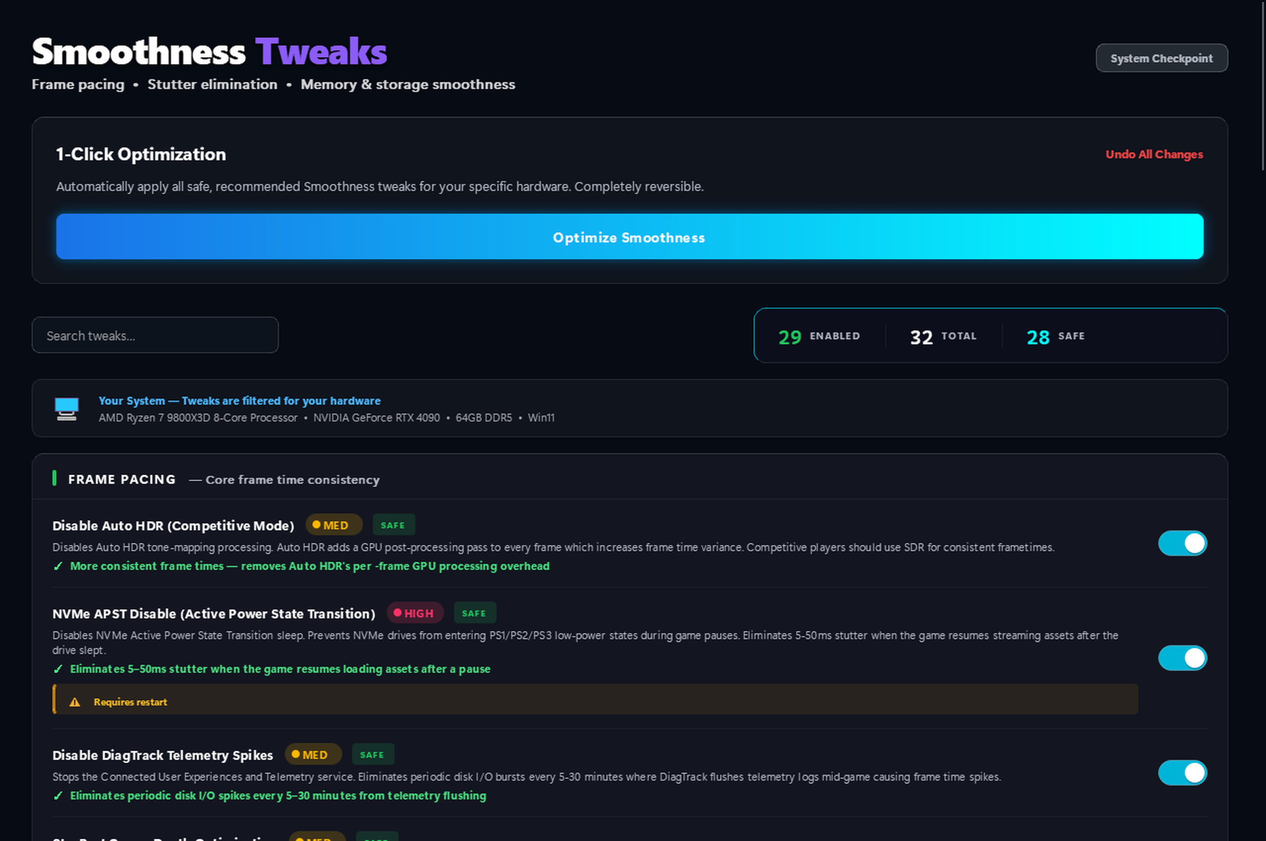 Smoothness Tweaks — 40 stutter elimination tweaks for consistent frame times and better 1% lows