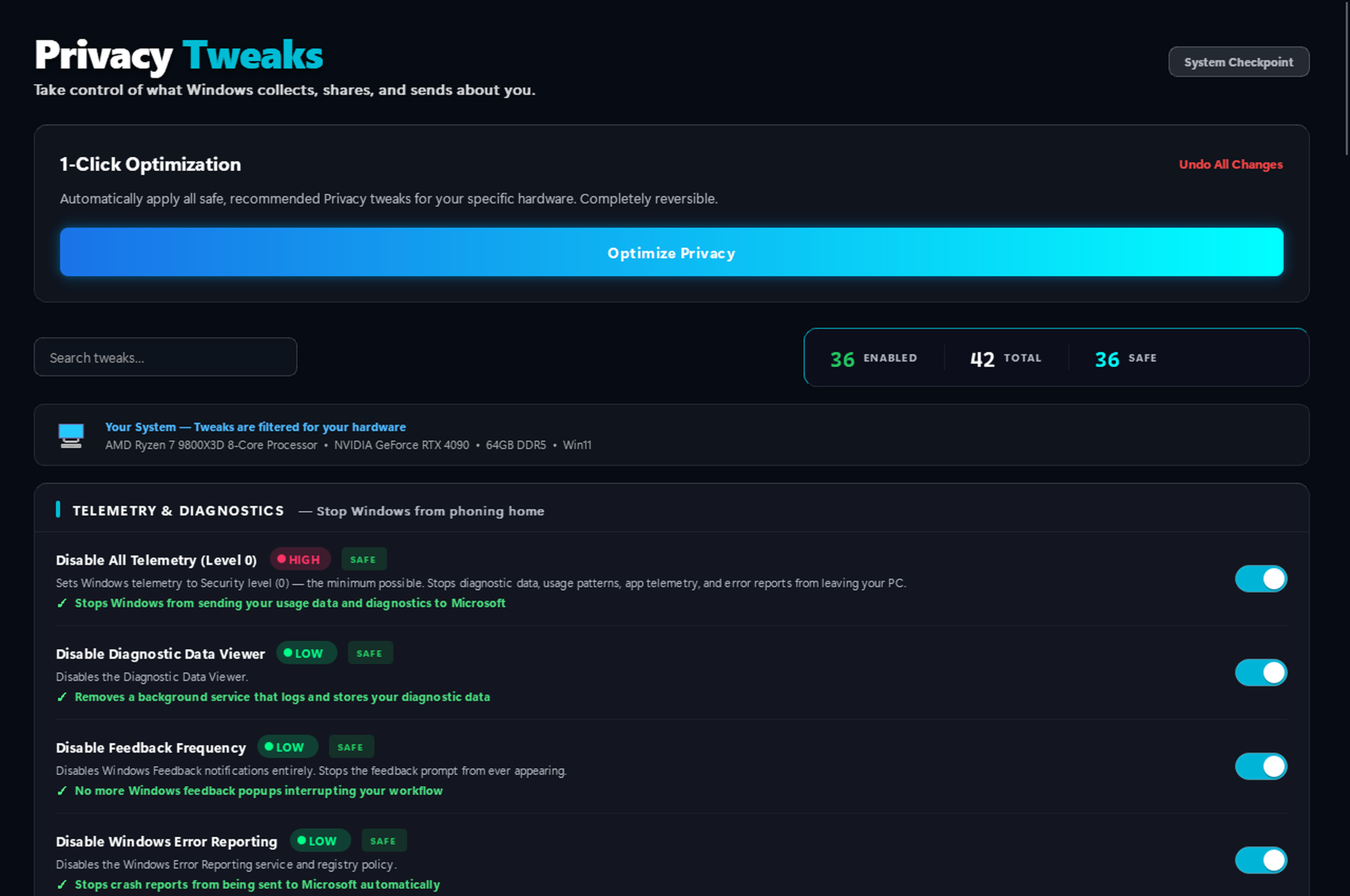 Privacy Tweaks — 42 tweaks to disable Windows telemetry, stop DiagTrack, and reclaim CPU resources
