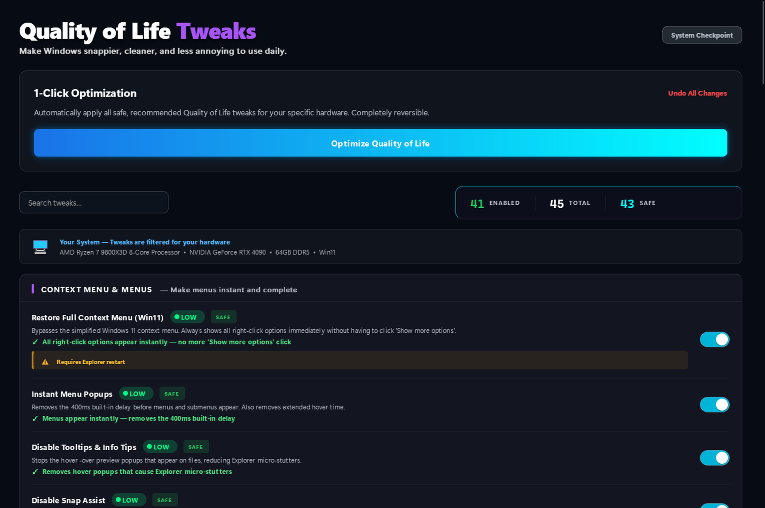 Quality of Life Tweaks — 52 Windows improvements including Sticky Keys fix, instant menus, and dark mode