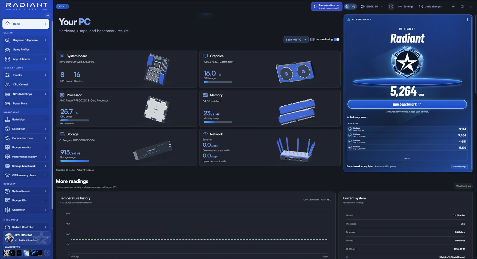 Radiant hardware dashboard showing CPU, GPU, memory, storage and network readings