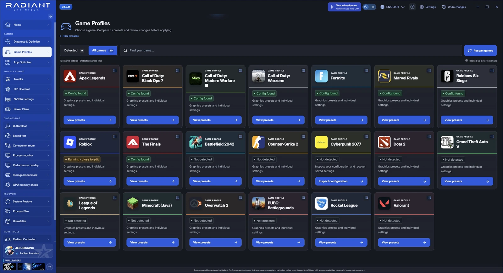 Game Profiles captured in the app, dark mode