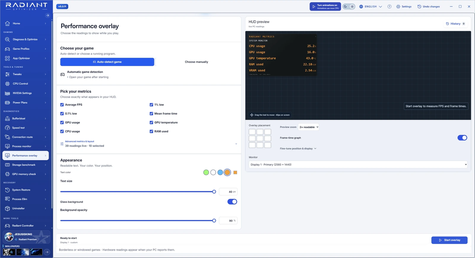 Radiant interface preview with example data: Performance overlay screen