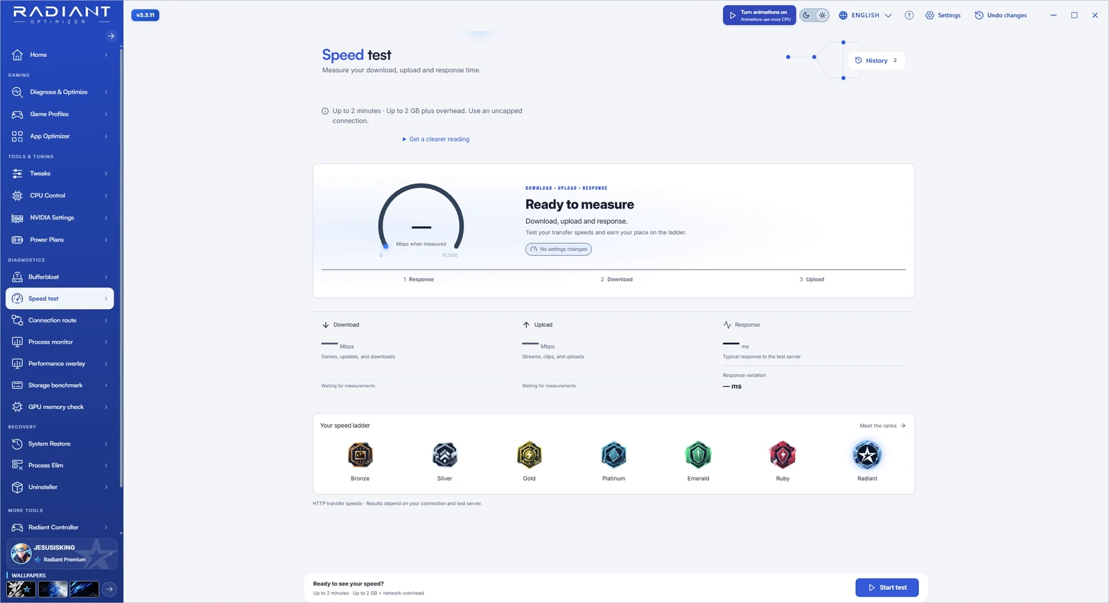 Radiant interface preview with example data: Speed test screen