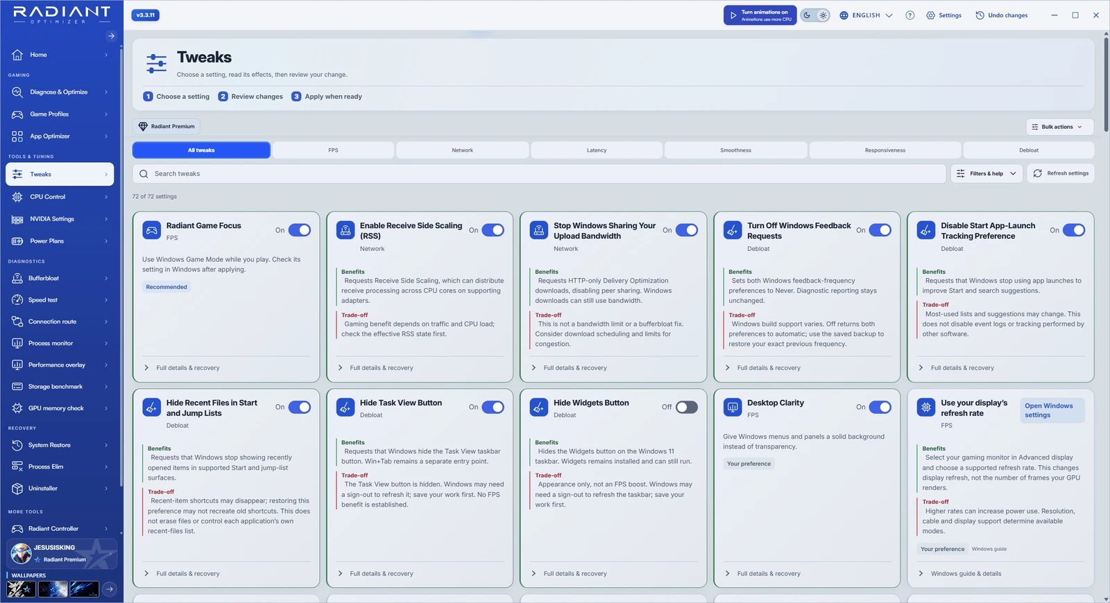 Radiant interface preview with example data: Windows tweaks screen